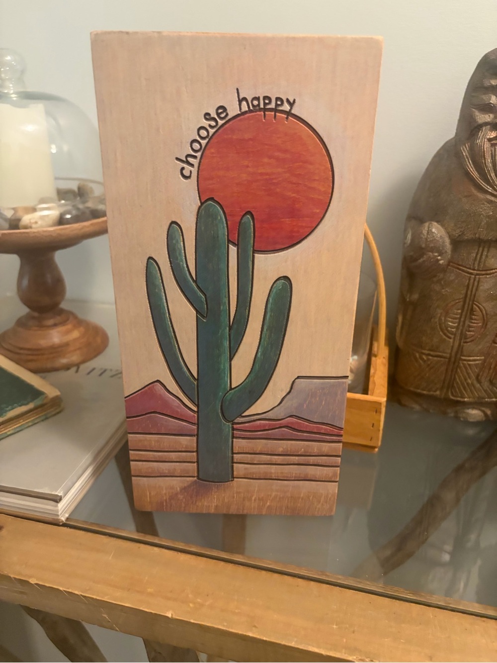 Primitives by Kathy Choose Happy Cactus Southwest Art - Green & Rust Sun wood.